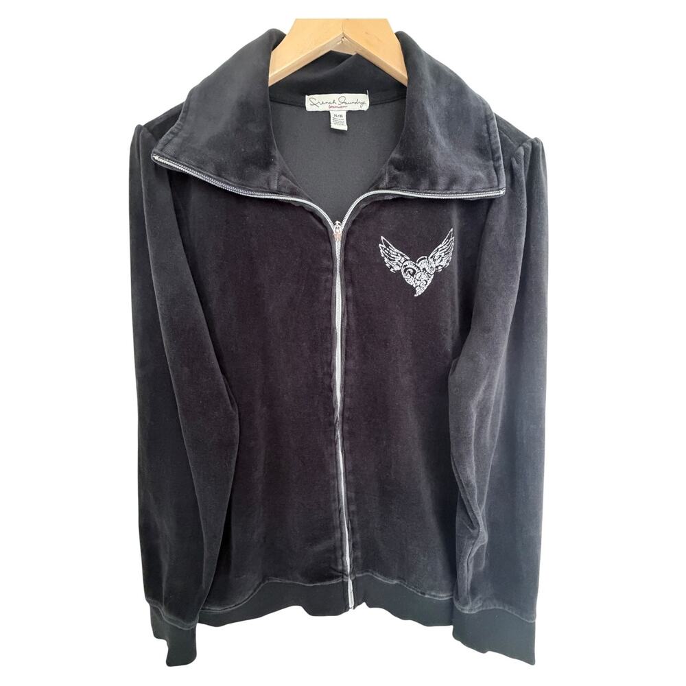 French Laundry Womens 14 16 Black Velour Zip Jacket Embellished Heart Graphic